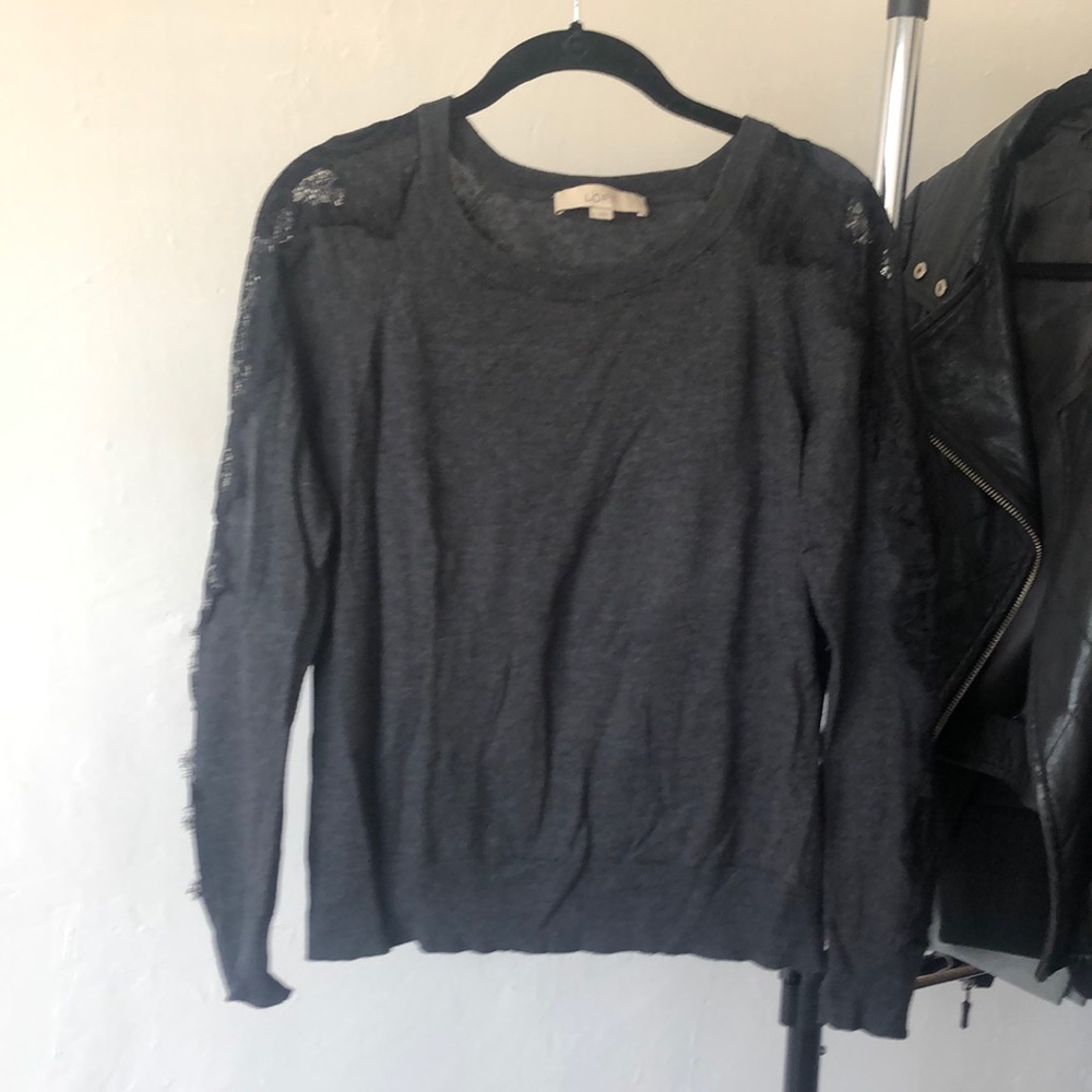 Loft grey sweater with black lace sleeves